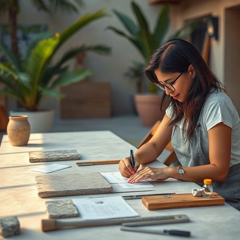 Cliente examinando amostras de pedra e medidas sobre a mesa