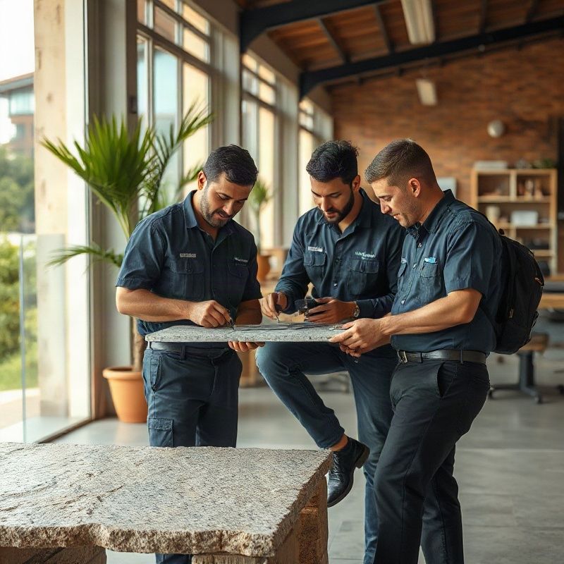 Equipe Forgekstone revisando medidas ao lado de uma peça de pedra